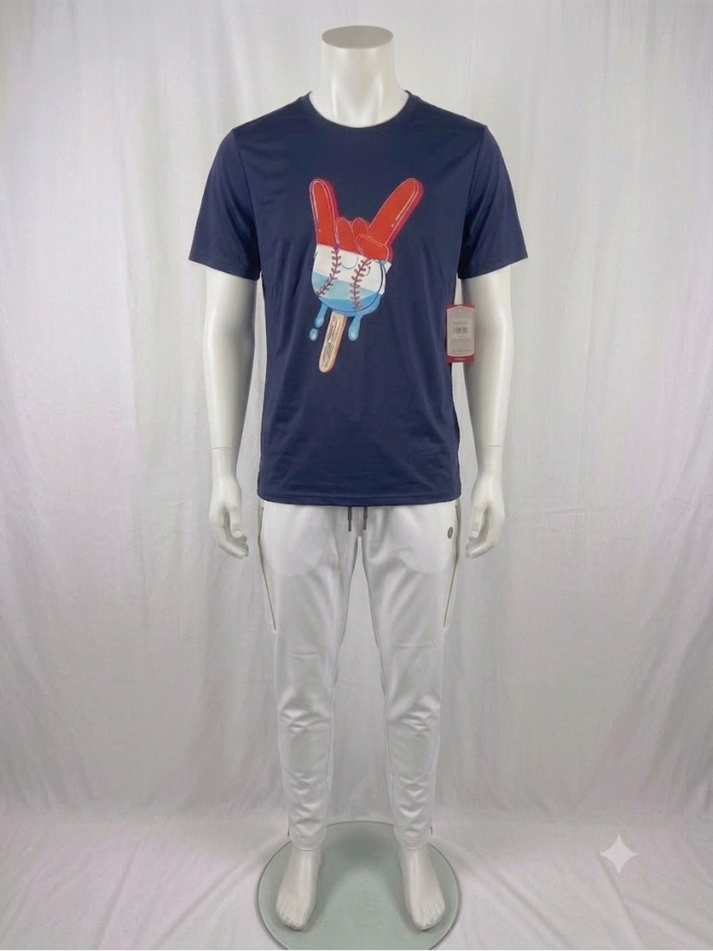 Navy Short-Sleeve Tee with Red and Light Blue Popsicle Baseball Graphic